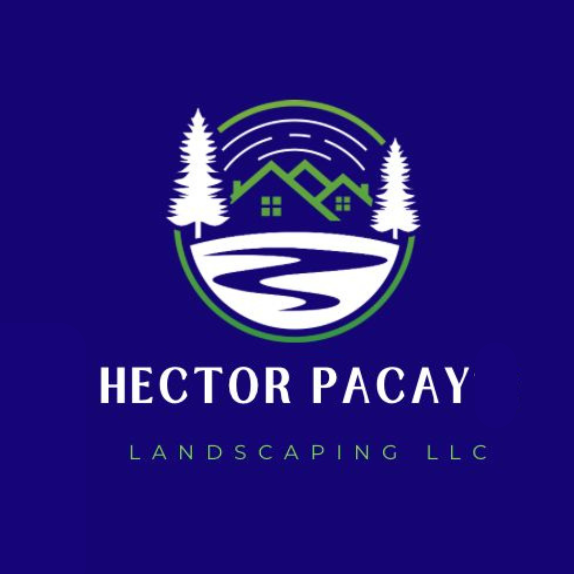 Hector Pacay Landscaping LLC logo featuring lawn mower and landscaping tools in navy blue and gold